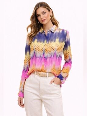 Anthropologie Leifsdottir Colorful All Silk Button Up Long Sleeve Blouse Size 0